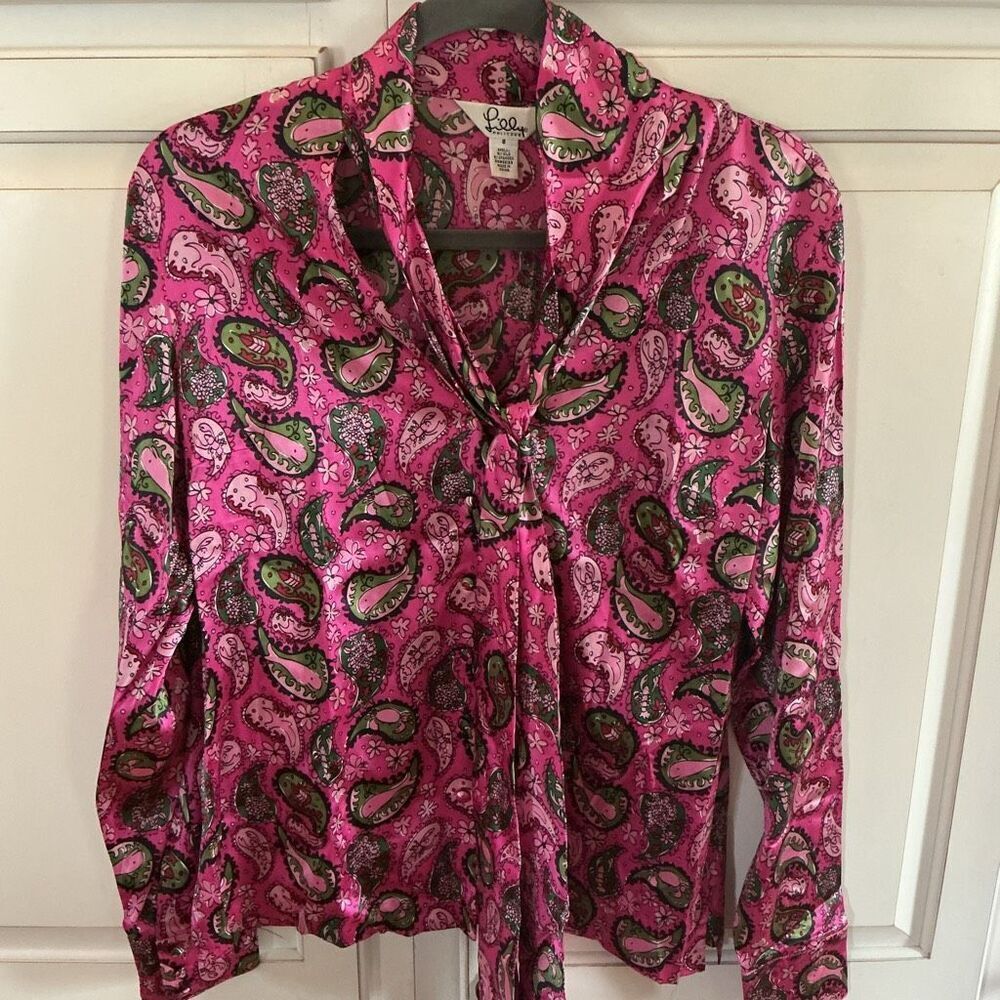 Lilly Pulitzer Silk Button Down Paisley Shirt with Tie Sz 8 Nautical Theme